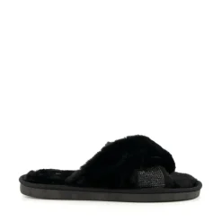 Winta Diamante Cross Strap Faux Fur Slippers