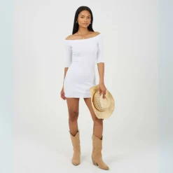 Womens Bardot Mini Dress with Lettuce Hem