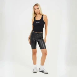 Womens Black Faux Leather Cycling Short