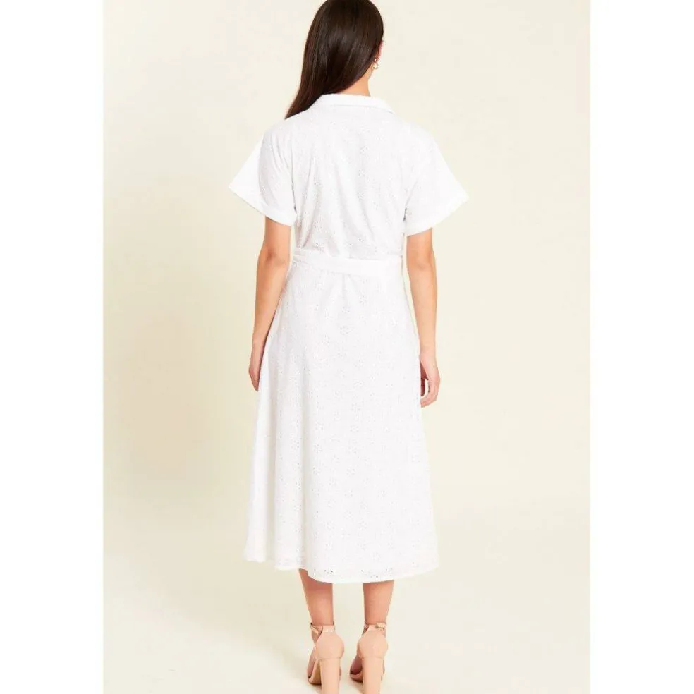 Women's Broderie Tie Waist Midi Shirt Dress