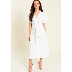 Women's Broderie Tie Waist Midi Shirt Dress