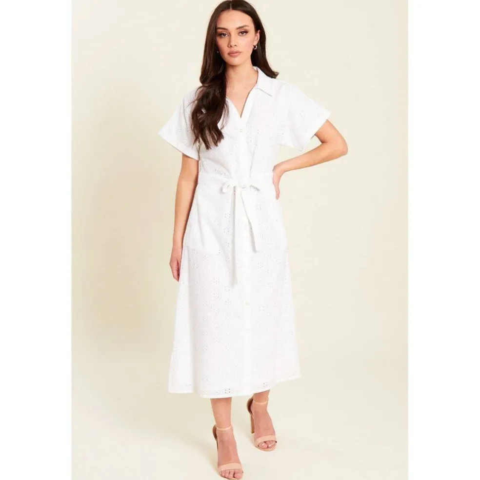 Women's Broderie Tie Waist Midi Shirt Dress