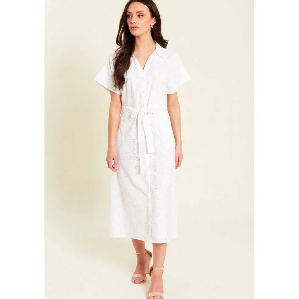 Women's Broderie Tie Waist Midi Shirt Dress