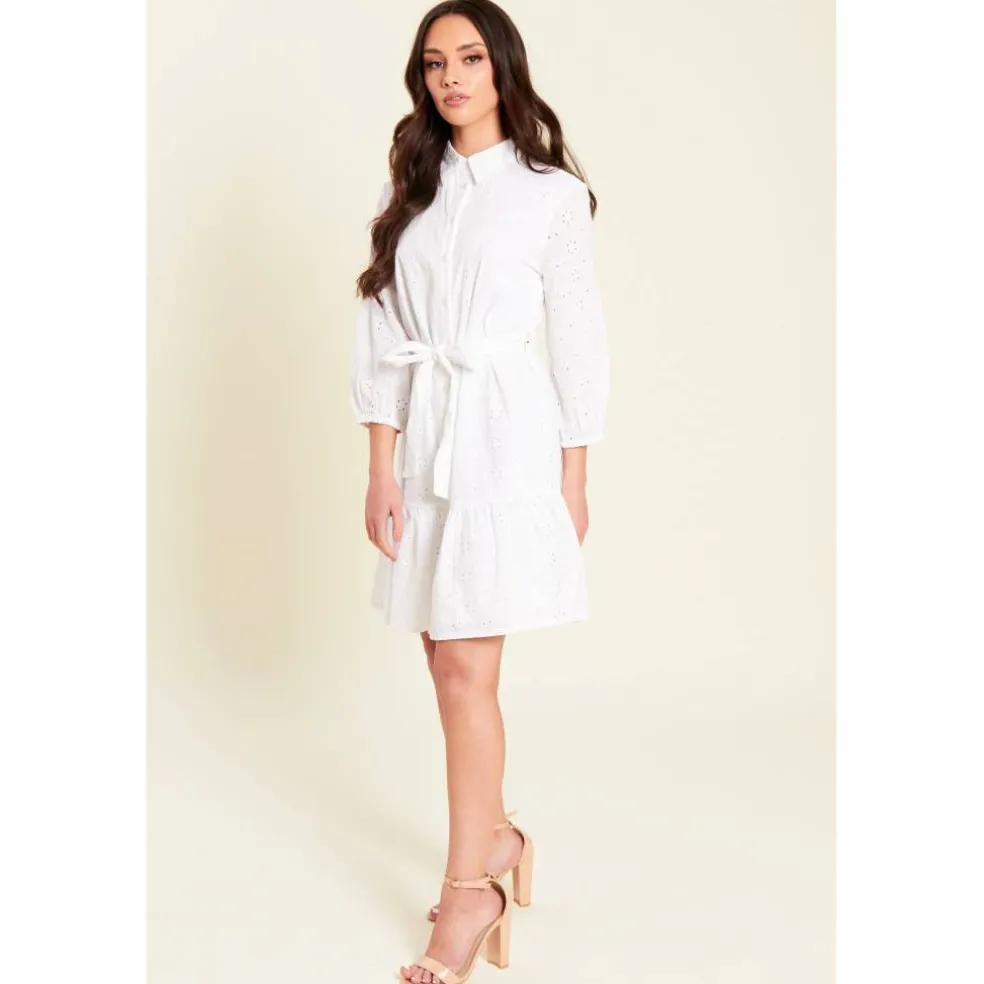 Women's Broderie Tie Waist Shirt Dress