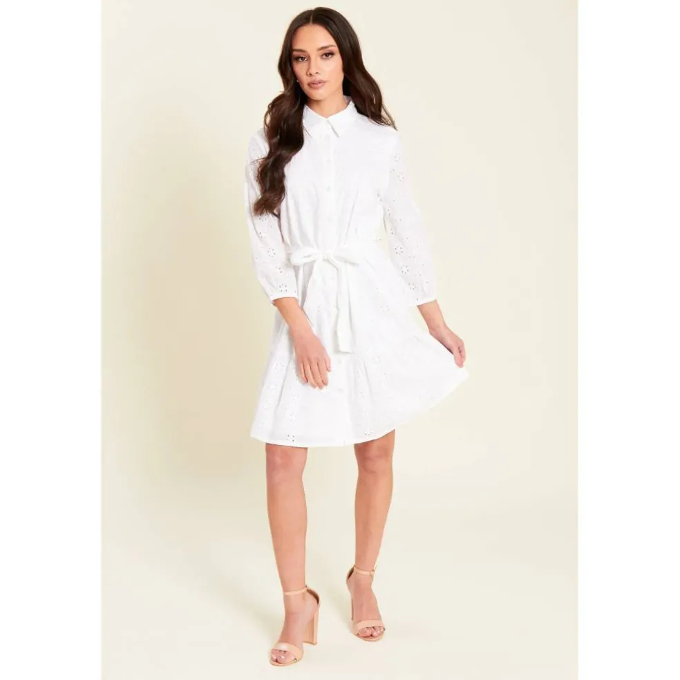 Women's Broderie Tie Waist Shirt Dress