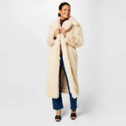 Women's Clipped Longline Faux Fur Long Sleeve Button-Up Coat