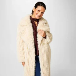Women's Clipped Longline Faux Fur Long Sleeve Button-Up Coat