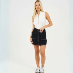 Womens Contrast Stitch Denim Skirt with Front Zip