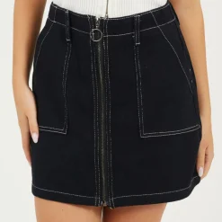 Womens Contrast Stitch Denim Skirt with Front Zip