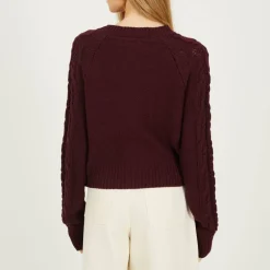 Womens Crew Neck Cable Knit Cardigan with Raglan Sleeve