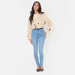 Women's Cropped Belted Long Sleeve Trench Coat