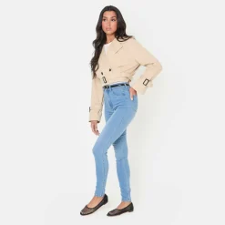 Women's Cropped Belted Long Sleeve Trench Coat