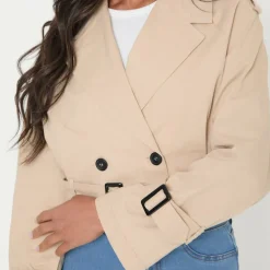 Women's Cropped Belted Long Sleeve Trench Coat