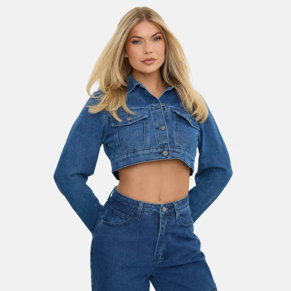 Women's Cropped Long Sleeve Denim Jacket