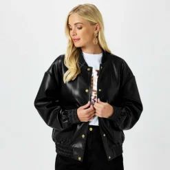 Women's Faux Leather Long Sleeve Bomber Jacket