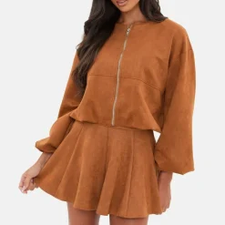 Women's Faux Suede Bubble Hem Long Sleeve Faux Leather Jacket