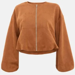 Women's Faux Suede Bubble Hem Long Sleeve Faux Leather Jacket