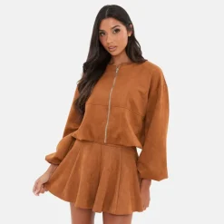 Women's Faux Suede Bubble Hem Long Sleeve Faux Leather Jacket