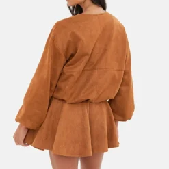 Women's Faux Suede Bubble Hem Long Sleeve Faux Leather Jacket