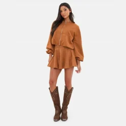 Women's Faux Suede Bubble Hem Long Sleeve Faux Leather Jacket