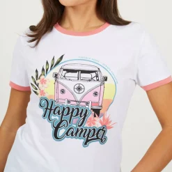 Womens Happy Camper Graphic Ringer T-shirt