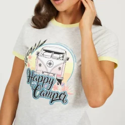 Womens Happy Camper Graphic Ringer T-shirt