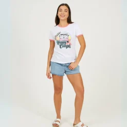 Womens Happy Camper Graphic Ringer T-shirt