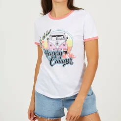Womens Happy Camper Graphic Ringer T-shirt