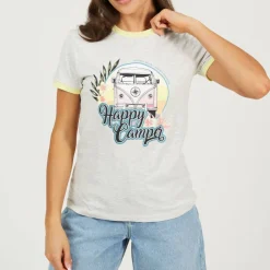 Womens Happy Camper Graphic Ringer T-shirt