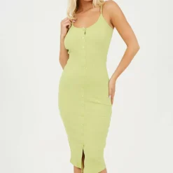 Womens Heavy Rib Bodycon Dress with Button Front