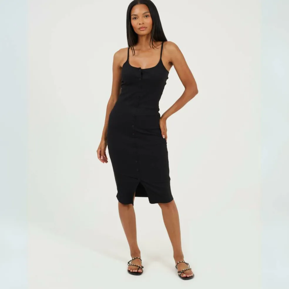 Womens Heavy Rib Bodycon Dress with Button Front