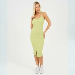 Womens Heavy Rib Bodycon Dress with Button Front