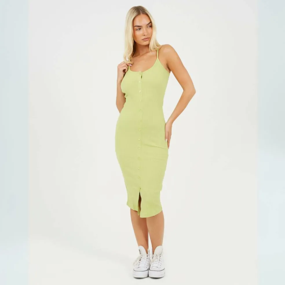 Womens Heavy Rib Bodycon Dress with Button Front