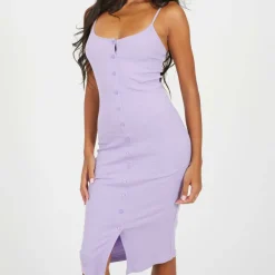 Womens Heavy Rib Bodycon Dress with Button Front