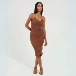 Womens Heavy Rib Bodycon Dress with Button Front