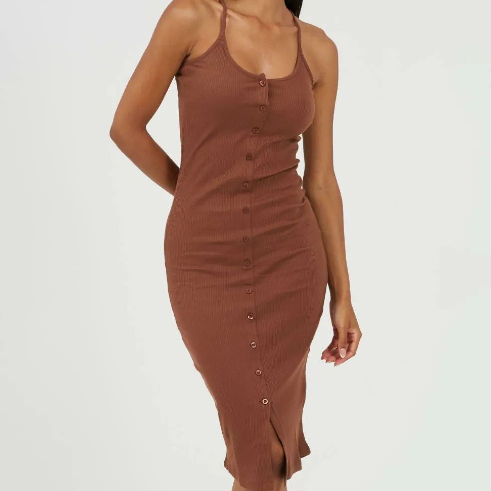 Womens Heavy Rib Bodycon Dress with Button Front