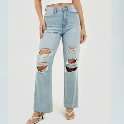 Womens High Waisted Wide Leg Distresed Jean