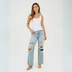 Womens High Waisted Wide Leg Distresed Jean