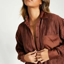 Women's ISIF Oversized Crinkled Long-Sleeve Plain Shirt