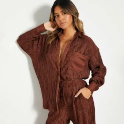 Women's ISIF Oversized Crinkled Long-Sleeve Plain Shirt
