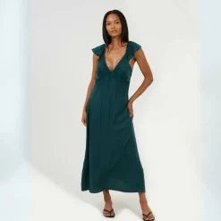 Womens Lace Trim V-Neck Midi Dress with Frill