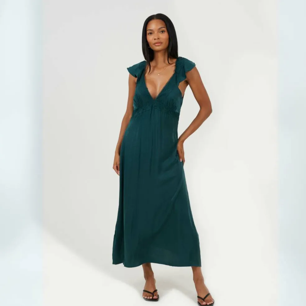 Womens Lace Trim V-Neck Midi Dress with Frill