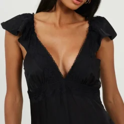 Womens Lace Trim V-Neck Midi Dress with Frill