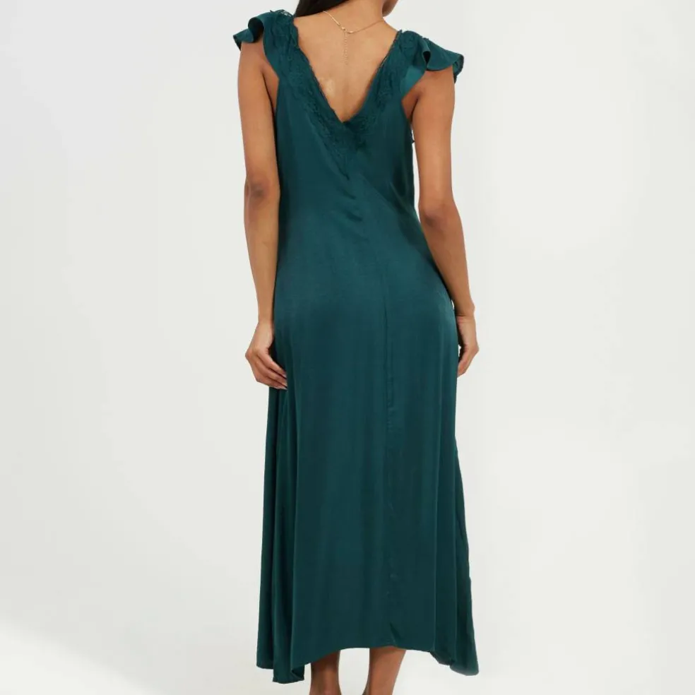 Womens Lace Trim V-Neck Midi Dress with Frill