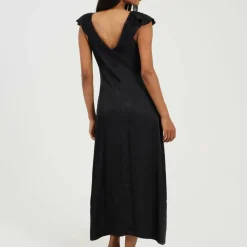 Womens Lace Trim V-Neck Midi Dress with Frill