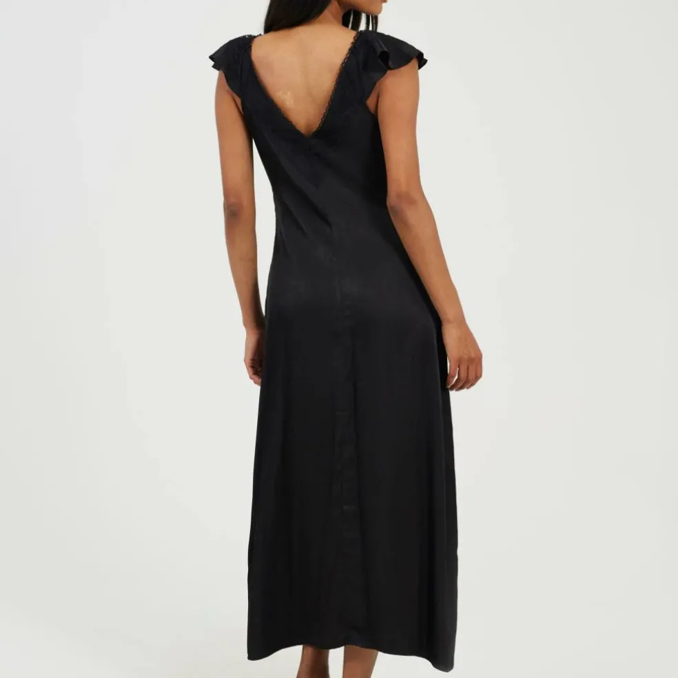 Womens Lace Trim V-Neck Midi Dress with Frill