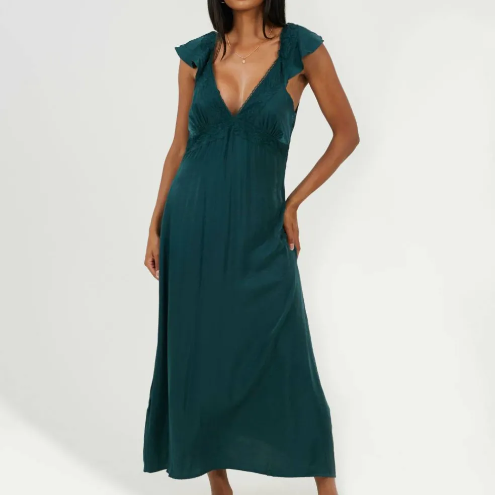Womens Lace Trim V-Neck Midi Dress with Frill