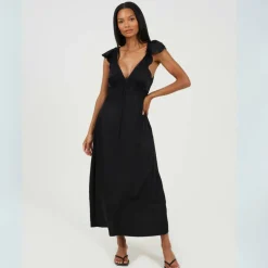 Womens Lace Trim V-Neck Midi Dress with Frill