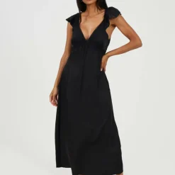 Womens Lace Trim V-Neck Midi Dress with Frill
