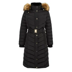 Womens Longline Belted Hooded Long Sleeve Puffer Jacket